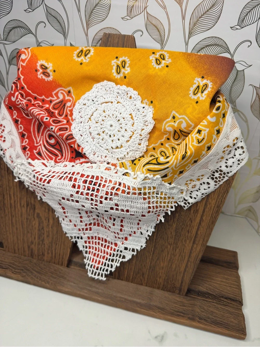 Vintage-Inspired Up-cycled Red & Yellow Bandana Scarf with White Crochet Trim
